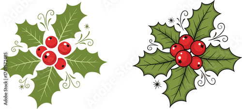 Flat vector holly leaves and berries illustration, festive Christmas botanical design, decorative seasonal artwork, green foliage with red berry accents
