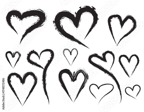Collection of hand-drawn black heart shapes with various styles and textures on white background.