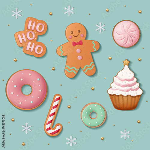Christmas cookies set – bagels, gingerbread man, “Ho Ho Ho” lettering, candy cane shape, Christmas tree. For holiday design, decoration, cards, packaging. Vector illustration on blue background.