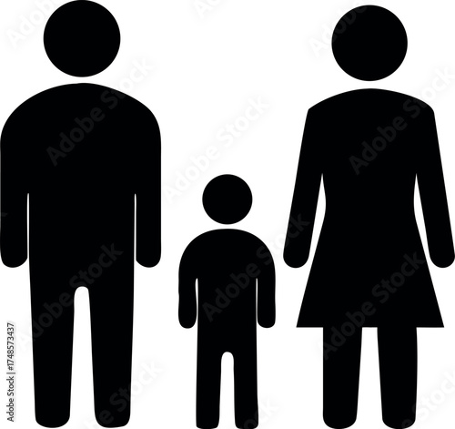 Family with child icon vector, Family black silhouette icon father and mother holding kid by hand happy parents caring for raster illustration