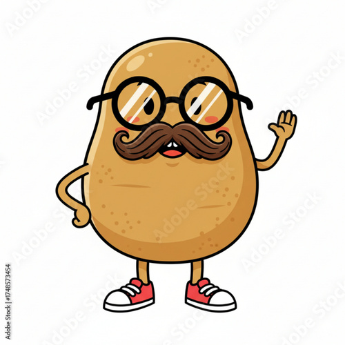 Funny cartoon potato character with glasses, a big mustache, and red sneakers, waving cheerfully.