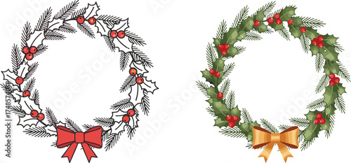 Christmas wreath flat vector, red bow, pine branches, holly leaves, festive clipart, realistic and graphic style, holiday decoration, ornament