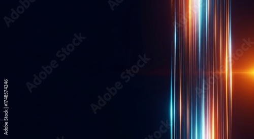 Abstract dark background with vertical light trails in orange and blue colors