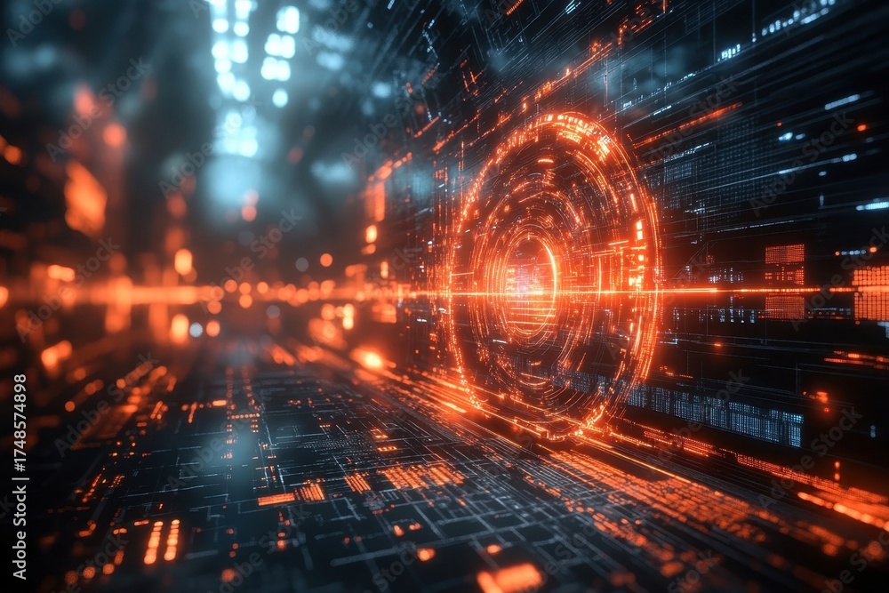 Fototapeta premium Futuristic digital landscape with glowing circuits and vibrant data streams in a cyber environment