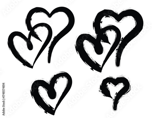 Four black ink brush stroke hearts, two pairs intertwined and two single hearts.