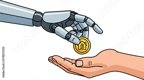 A robot hand gives a person a coin, symbolizing social support, unemployment benefits, and the new economy of the future. The concept of universal basic income (UBI) in the era of automation.