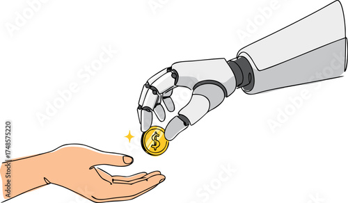 A robot hand gives a person a coin, symbolizing social support, unemployment benefits, and the new economy of the future. The concept of universal basic income (UBI) in the era of automation.