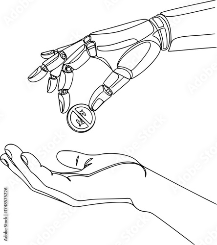 A robot hand gives a person a coin, symbolizing social support, unemployment benefits, and the new economy of the future. The concept of universal basic income (UBI) in the era of automation.
