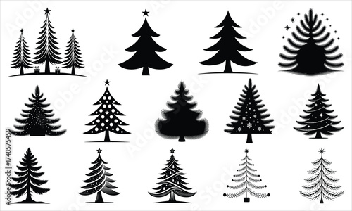 Vector set of black silhouettes of Christmas trees isolated on a white background.