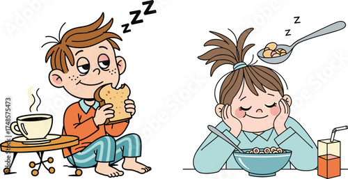 Children eating breakfast cartoon, sleepy morning routine illustration, pajamas and food, cheerful kids, cereal and toast, parenting concept, Zzz humor