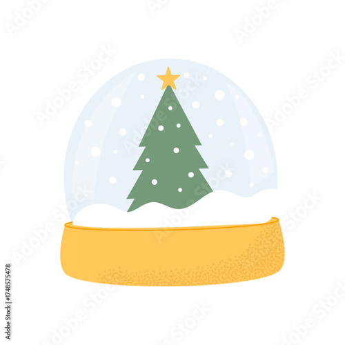 Christmas snow globe with fir tree. Cozy winter vector illustration symbolizing holiday mood, magic, and festive decoration. Perfect for New Year and Christmas design projects.