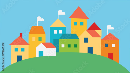 Vector art of colorful cartoon townscape with houses on a green hill under a blue sky, creating a cheerful scene