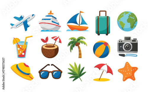 Flat Design Travel and Summer Vacation Icons Set - Tropical Holiday Vector Collection