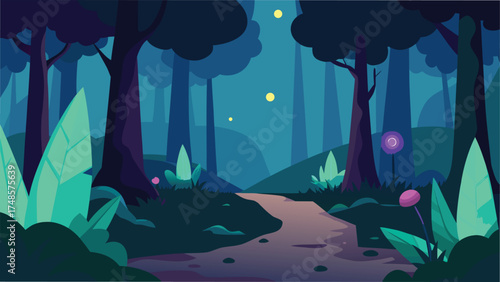 Vector art of a magical forest path at night with glowing crystals and fireflies illuminating the tranquil scene beautifully