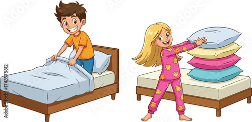 Children making beds cartoon, morning routine illustration, bedroom scene, cheerful kids, pillows and blankets, responsibility concept, clean space, parenting