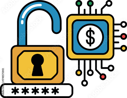 Vector art of unsecured digital currency and financial technology concept padlock and chip