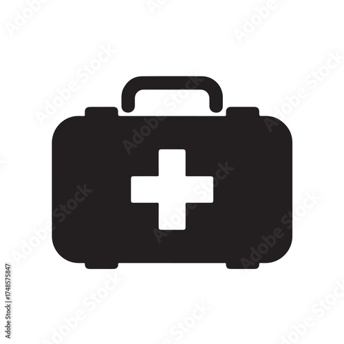 Black silhouette of a first aid kit with a white cross symbol, isolated on white background