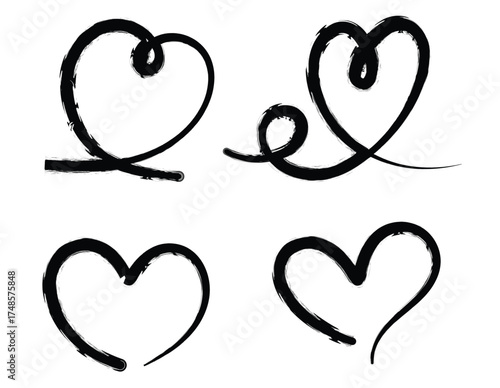 Four heart shapes drawn with a thick, rough brush stroke style.