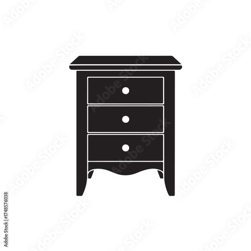 Black silhouette of a threedrawer nightstand or bedside table isolated on white background