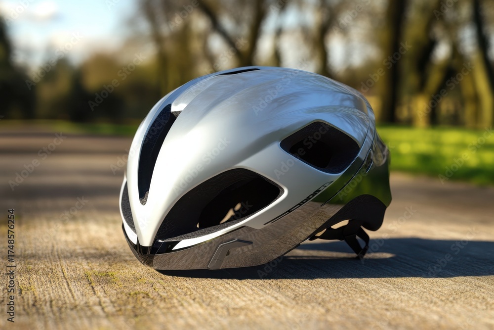 Fototapeta premium High-performance cycling helmet resting on a path in a sunny park during a clear day
