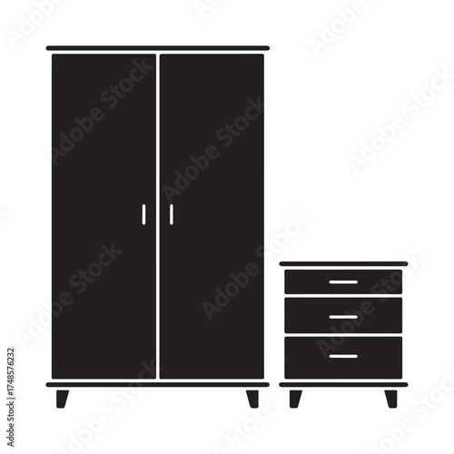 Black silhouette of a wardrobe and a chest of drawers isolated on white background