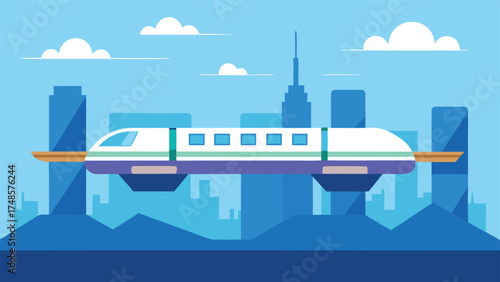 Vector art of a futuristic maglev train gliding through a cityscape with skyscrapers and clouds, vector illustration