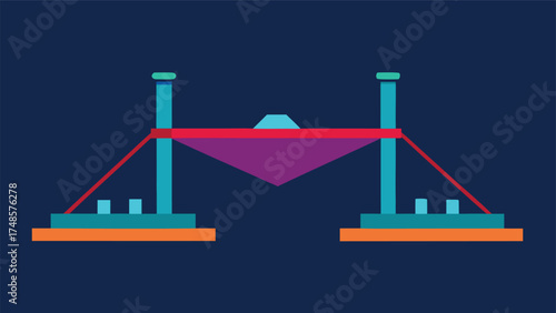 Vector art of a futuristic suspension bridge with a geometric design against a dark background, vector illustration