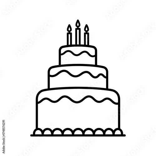 Illustration of a three tiered cake with decorative icing and three lit candles on top silhouette