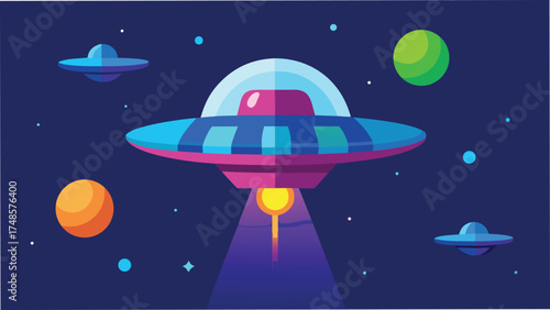 Vector art of colorful ufo flying through space with planets and stars, creating a whimsical and imaginative cosmic adventure