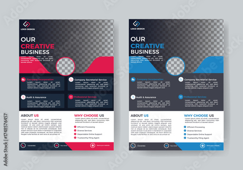 Creative Business Flyer Template Design: Two sleek business flyers showcase a modern design, perfect for conveying information with clarity and visual appeal.