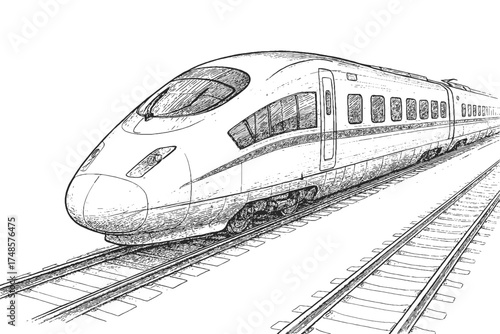 Bullet train on railways black and white drawing