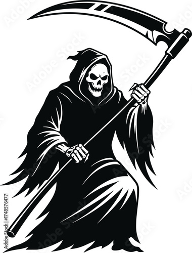 Grim Reaper cartoon, crouching skeleton figure illustration, scythe pose, tattered cloak, black and white art, eerie theme, death symbolism