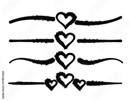 A collection of four hand-drawn black heart dividers with brush stroke accents, perfect for graphic design and scrapbooking.