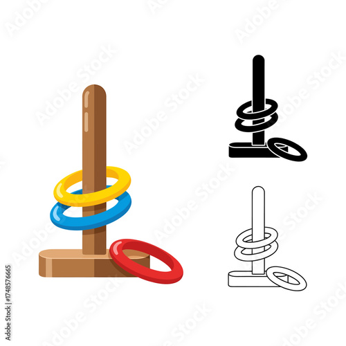 A ring toss game with colorful rings and a wooden stand shown in three different styles silhouette