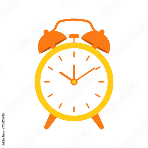 Illustration of an orange and yellow alarm clock with a white face on a white background silhouette