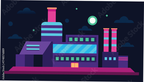 Vector art of industrial factory building at night with colorful lights and clouds in the sky in a cartoon style