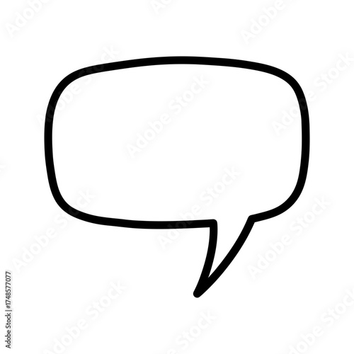 A simple black outline of a speech bubble with a tail on a plain white background space silhouette