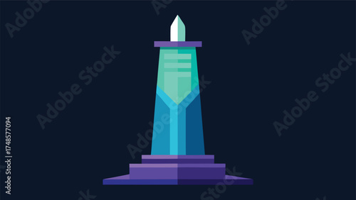 Vector art of a futuristic tower stands tall with a sleek design and vibrant colors against a dark blue background