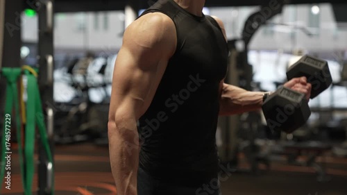 Strong triceps. Man exercising with dumbbell. Man athlete lifting dumbbell. Triceps press. Strong man do sport exercise. Gym workout. Sport athlete man with dumbbell. Healthy lifestyle. Biceps muscle