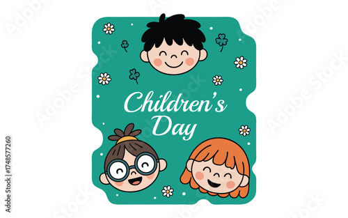 Children's Day Cartoon Kids Sticker - Happy Faces and Floral Background Vector