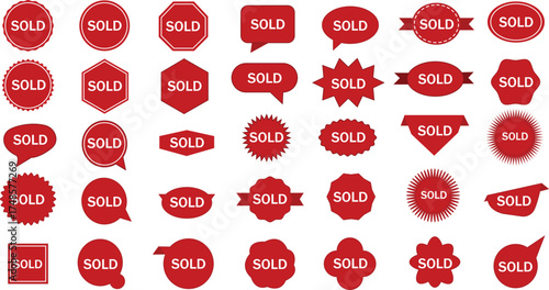 Sold Stamp Graphics Red Stickers for Product Marketing Promotion Signage Sales Labels Badges Seals Icon Set Complete and