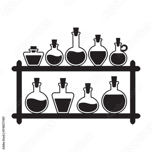 Collection of various glass potion bottles with stoppers on a shelf, isolated on white background