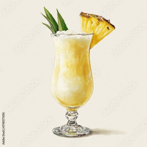 pina colada cocktail, watercolor clipart illustration with isolated background.