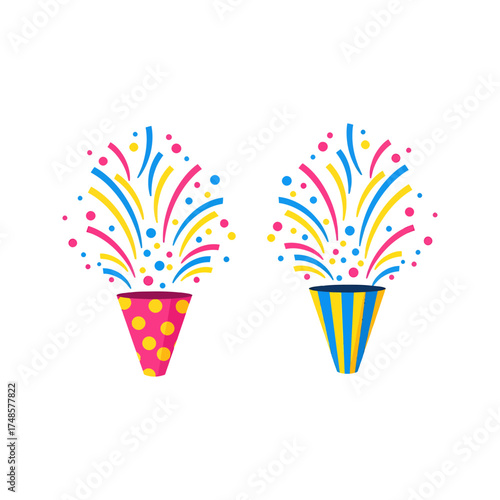 Two party poppers with confetti in pink, yellow, and blue on a white background image silhouette