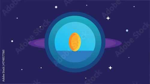 Vector art of a mesmerizing planet with a golden core surrounded by rings and stars in the vast expanse of the cosmos