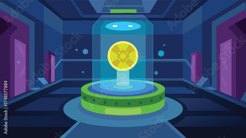 Vector art of a futuristic laboratory with a glowing energy source protected by a glass container in a research facility