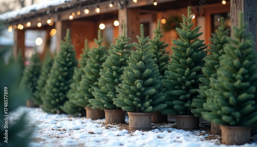 Christmas trees for sale in pots on snowy ground with lights  