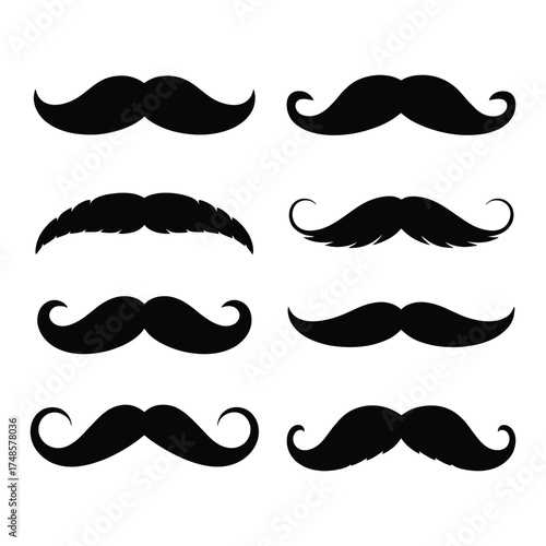 Set of Eight Moustache Silhouettes - Vintage Facial Hair Styles Vector