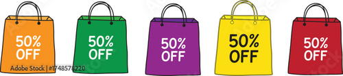 Shopping bag with fifty percent discount isolated on transparent background.