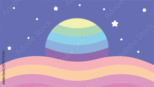 Vector art of pastel rainbow landscape with a rising sun and stars in the night sky, a dreamy and magical illustration